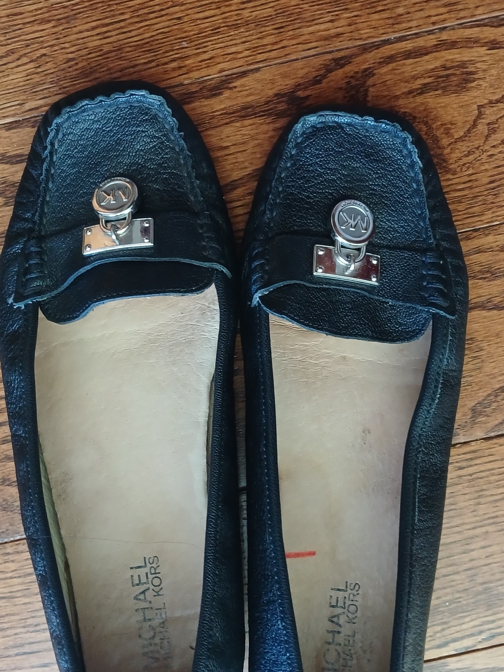 Michael Kors Black Leather Loafers with Silver MK Accent